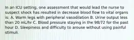 In an ICU setting, one assessment that would lead the nurse to suspect shock has resulted in decrease blood flow to vital organs is: A. Warm legs with peripheral vasodilation B. Urine output less than 20 mL/hr C. Blood pressure staying in the 98/72 for the past hour D. Sleepiness and difficulty to arouse without using painful stimuli.