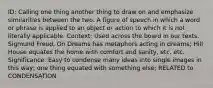 ID: Calling one thing another thing to draw on and emphasize similarities between the two. A figure of speech in which a word or phrase is applied to an object or action to which it is not literally applicable. Context: Used across the board in our texts. Sigmund Freud, On Dreams has metaphors acting in dreams; Hill House equates the home with comfort and sanity, etc. etc. Significance: Easy to condense many ideas into single images in this way; one thing equated with something else; RELATED to CONDENSATION