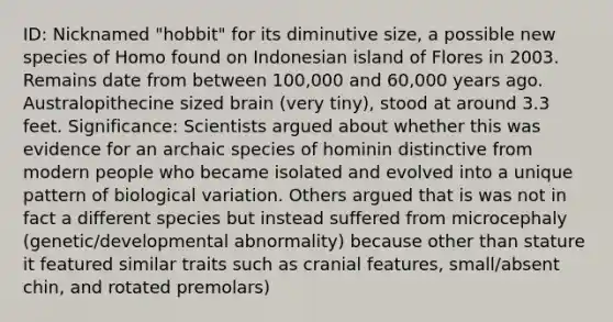 ID: Nicknamed "hobbit" for its diminutive size, a possible new species of Homo found on Indonesian island of Flores in 2003. Remains date from between 100,000 and 60,000 years ago. Australopithecine sized brain (very tiny), stood at around 3.3 feet. Significance: Scientists argued about whether this was evidence for an archaic species of hominin distinctive from modern people who became isolated and evolved into a unique pattern of biological variation. Others argued that is was not in fact a different species but instead suffered from microcephaly (genetic/developmental abnormality) because other than stature it featured similar traits such as cranial features, small/absent chin, and rotated premolars)