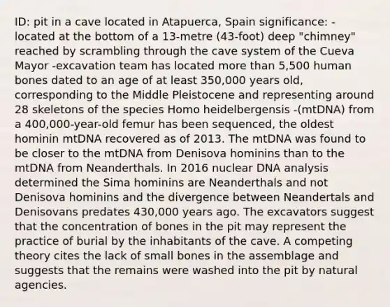 ID: pit in a cave located in Atapuerca, Spain significance: -located at the bottom of a 13-metre (43-foot) deep "chimney" reached by scrambling through the cave system of the Cueva Mayor -excavation team has located more than 5,500 human bones dated to an age of at least 350,000 years old, corresponding to the Middle Pleistocene and representing around 28 skeletons of the species Homo heidelbergensis -(mtDNA) from a 400,000-year-old femur has been sequenced, the oldest hominin mtDNA recovered as of 2013. The mtDNA was found to be closer to the mtDNA from Denisova hominins than to the mtDNA from Neanderthals. In 2016 nuclear DNA analysis determined the Sima hominins are Neanderthals and not Denisova hominins and the divergence between Neandertals and Denisovans predates 430,000 years ago. The excavators suggest that the concentration of bones in the pit may represent the practice of burial by the inhabitants of the cave. A competing theory cites the lack of small bones in the assemblage and suggests that the remains were washed into the pit by natural agencies.