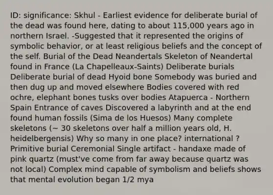 ID: significance: Skhul - Earliest evidence for deliberate burial of the dead was found here, dating to about 115,000 years ago in northern Israel. -Suggested that it represented the origins of symbolic behavior, or at least religious beliefs and the concept of the self. Burial of the Dead Neandertals Skeleton of Neandertal found in France (La Chapelleaux-Saints) Deliberate burials Deliberate burial of dead Hyoid bone Somebody was buried and then dug up and moved elsewhere Bodies covered with red ochre, elephant bones tusks over bodies Atapuerca - Northern Spain Entrance of caves Discovered a labyrinth and at the end found human fossils (Sima de los Huesos) Many complete skeletons (~ 30 skeletons over half a million years old, H. heidelbergensis) Why so many in one place? international ? Primitive burial Ceremonial Single artifact - handaxe made of pink quartz (must've come from far away because quartz was not local) Complex mind capable of symbolism and beliefs shows that mental evolution began 1/2 mya