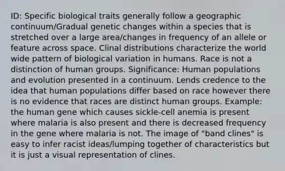 ID: Specific biological traits generally follow a geographic continuum/Gradual genetic changes within a species that is stretched over a large area/changes in frequency of an allele or feature across space. Clinal distributions characterize the world wide pattern of biological variation in humans. Race is not a distinction of human groups. Significance: Human populations and evolution presented in a continuum. Lends credence to the idea that human populations differ based on race however there is no evidence that races are distinct human groups. Example: the human gene which causes sickle-cell anemia is present where malaria is also present and there is decreased frequency in the gene where malaria is not. The image of "band clines" is easy to infer racist ideas/lumping together of characteristics but it is just a visual representation of clines.