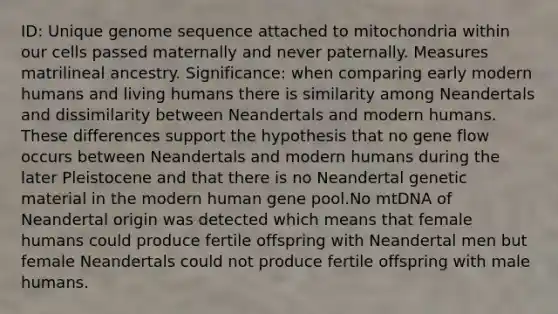 ID: Unique genome sequence attached to mitochondria within our cells passed maternally and never paternally. Measures matrilineal ancestry. Significance: when comparing early modern humans and living humans there is similarity among Neandertals and dissimilarity between Neandertals and modern humans. These differences support the hypothesis that no gene flow occurs between Neandertals and modern humans during the later Pleistocene and that there is no Neandertal genetic material in the modern human gene pool.No mtDNA of Neandertal origin was detected which means that female humans could produce fertile offspring with Neandertal men but female Neandertals could not produce fertile offspring with male humans.