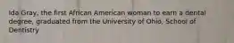 Ida Gray, the first African American woman to earn a dental degree, graduated from the University of Ohio, School of Dentistry