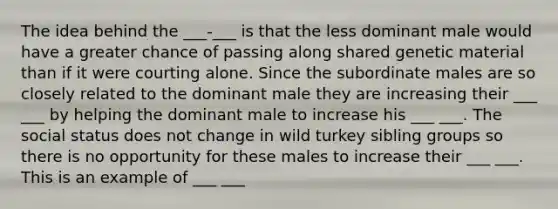 The idea behind the ___-___ is that the less dominant male would have a greater chance of passing along shared genetic material than if it were courting alone. Since the subordinate males are so closely related to the dominant male they are increasing their ___ ___ by helping the dominant male to increase his ___ ___. The social status does not change in wild turkey sibling groups so there is no opportunity for these males to increase their ___ ___. This is an example of ___ ___