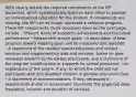 IDEA clearly details the required components of the IEP document, which systematically build on each other to provide an individualized education for the student. If components are missing, the IEP can no longer represent a cohesive program. These IEP components, to be discussed more on the next page, include: ~Present levels of academic achievement and functional performance ~Measurable annual goals ~A description of how progress toward meeting goals will be measured and reported ~A statement of the needed special education and related services and supplementary aids and services, based on peer-reviewed research to the extent practicable, and a statement of the program modifications or supports for school personnel ~An explanation of the extent, if any, to which the child will not participate with non-disabled children in general education class ~A statement of accommodations, if any, necessary in assessments and/or in assessment standards The projected date, frequency, location and duration of services