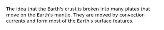 The idea that the Earth's crust is broken into many plates that move on the Earth's mantle. They are moved by convection currents and form most of the Earth's surface features.