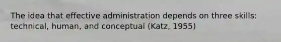 The idea that effective administration depends on three skills: technical, human, and conceptual (Katz, 1955)