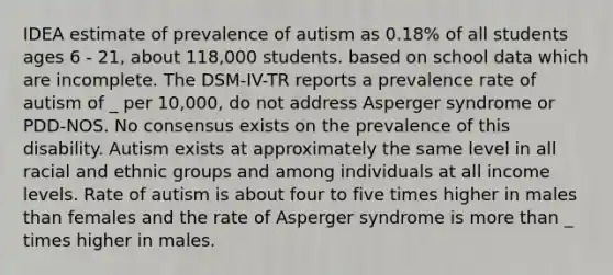 IDEA estimate of prevalence of autism as 0.18% of all students ages 6 - 21, about 118,000 students. based on school data which are incomplete. The DSM-IV-TR reports a prevalence rate of autism of _ per 10,000, do not address Asperger syndrome or PDD-NOS. No consensus exists on the prevalence of this disability. Autism exists at approximately the same level in all racial and ethnic groups and among individuals at all income levels. Rate of autism is about four to five times higher in males than females and the rate of Asperger syndrome is more than _ times higher in males.