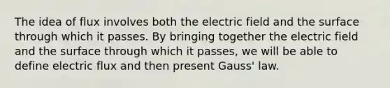 The idea of flux involves both the electric field and the surface through which it passes. By bringing together the electric field and the surface through which it passes, we will be able to define electric flux and then present Gauss' law.