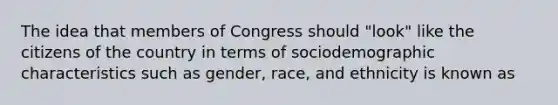 The idea that members of Congress should "look" like the citizens of the country in terms of sociodemographic characteristics such as gender, race, and ethnicity is known as