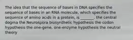 The idea that the sequence of bases in DNA specifies the sequence of bases in an RNA molecule, which specifies the sequence of amino acids in a protein, is _______. the central dogma the Neurospora biosynthetic hypothesis the codon hypothesis the one-gene, one-enzyme hypothesis the neutral theory