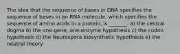 The idea that the sequence of bases in DNA specifies the sequence of bases in an RNA molecule, which specifies the sequence of amino acids in a protein, is _______. a) the central dogma b) the one-gene, one-enzyme hypothesis c) the codon hypothesis d) the Neurospora biosynthetic hypothesis e) the neutral theory