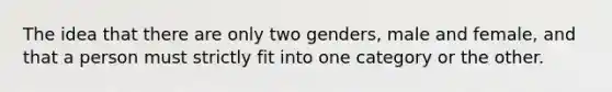 The idea that there are only two genders, male and female, and that a person must strictly fit into one category or the other.