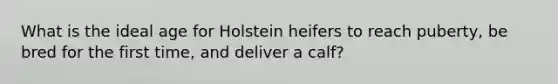 What is the ideal age for Holstein heifers to reach puberty, be bred for the first time, and deliver a calf?