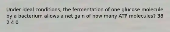 Under ideal conditions, the fermentation of one glucose molecule by a bacterium allows a net gain of how many ATP molecules? 38 2 4 0