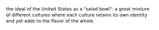 the ideal of the United States as a "salad bowl": a great mixture of different cultures where each culture retains its own identity and yet adds to the flavor of the whole.