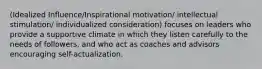 (Idealized Influence/Inspirational motivation/ intellectual stimulation/ individualized consideration) focuses on leaders who provide a supportive climate in which they listen carefully to the needs of followers, and who act as coaches and advisors encouraging self-actualization.