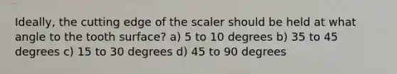 Ideally, the cutting edge of the scaler should be held at what angle to the tooth surface? a) 5 to 10 degrees b) 35 to 45 degrees c) 15 to 30 degrees d) 45 to 90 degrees