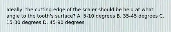 Ideally, the cutting edge of the scaler should be held at what angle to the tooth's surface? A. 5-10 degrees B. 35-45 degrees C. 15-30 degrees D. 45-90 degrees