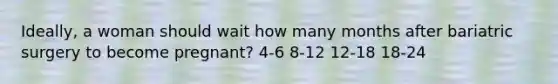 Ideally, a woman should wait how many months after bariatric surgery to become pregnant? 4-6 8-12 12-18 18-24