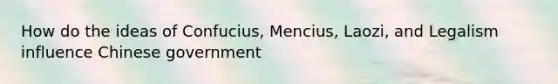 How do the ideas of Confucius, Mencius, Laozi, and Legalism influence Chinese government