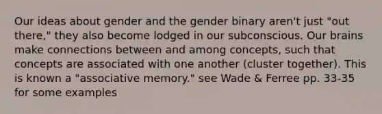 Our ideas about gender and the gender binary aren't just "out there," they also become lodged in our subconscious. Our brains make connections between and among concepts, such that concepts are associated with one another (cluster together). This is known a "associative memory." see Wade & Ferree pp. 33-35 for some examples