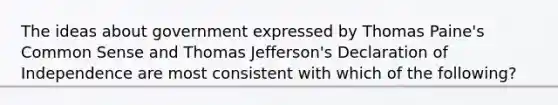 The ideas about government expressed by Thomas Paine's Common Sense and Thomas Jefferson's Declaration of Independence are most consistent with which of the following?