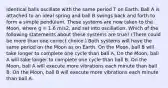 Identical balls oscillate with the same period T on Earth. Ball A is attached to an ideal spring and ball B swings back and forth to form a simple pendulum. These systems are now taken to the Moon, where g = 1.6 m/s2, and set into oscillation. Which of the following statements about these systems are true? (There could be more than one correct choice.) Both systems will have the same period on the Moon as on Earth. On the Moon, ball B will take longer to complete one cycle than ball A. On the Moon, ball A will take longer to complete one cycle than ball B. On the Moon, ball A will execute more vibrations each minute than ball B. On the Moon, ball B will execute more vibrations each minute than ball A.