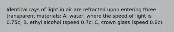 Identical rays of light in air are refracted upon entering three transparent materials: A, water, where the speed of light is 0.75c; B, ethyl alcohol (speed 0.7c; C, crown glass (speed 0.6c).