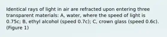 Identical rays of light in air are refracted upon entering three transparent materials: A, water, where the speed of light is 0.75c; B, ethyl alcohol (speed 0.7c); C, crown glass (speed 0.6c). (Figure 1)