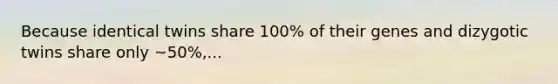 Because identical twins share 100% of their genes and dizygotic twins share only ~50%,...