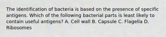 The identification of bacteria is based on the presence of specific antigens. Which of the following bacterial parts is least likely to contain useful antigens? A. Cell wall B. Capsule C. Flagella D. Ribosomes