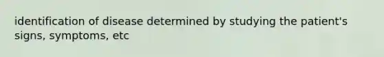 identification of disease determined by studying the patient's signs, symptoms, etc