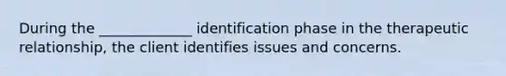 During the _____________ identification phase in the therapeutic relationship, the client identifies issues and concerns.