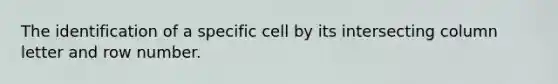 The identification of a specific cell by its intersecting column letter and row number.