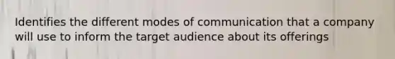 Identifies the different modes of communication that a company will use to inform the target audience about its offerings