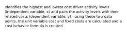 Identifies the highest and lowest cost driver activity levels (independent variable, x) and pairs the activity levels with their related costs (dependent variable, y) - using these two data points, the unit variable cost and fixed costs are calculated and a cost behavior formula is created