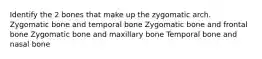 Identify the 2 bones that make up the zygomatic arch. Zygomatic bone and temporal bone Zygomatic bone and frontal bone Zygomatic bone and maxillary bone Temporal bone and nasal bone