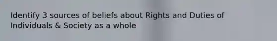 Identify 3 sources of beliefs about Rights and Duties of Individuals & Society as a whole