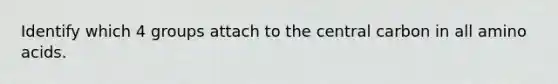 Identify which 4 groups attach to the central carbon in all <a href='https://www.questionai.com/knowledge/k9gb720LCl-amino-acids' class='anchor-knowledge'>amino acids</a>.