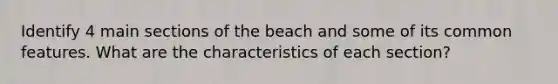 Identify 4 main sections of the beach and some of its common features. What are the characteristics of each section?