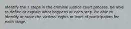 Identify the 7 steps in the criminal justice court process. Be able to define or explain what happens at each step. Be able to identify or state the victims' rights or level of participation for each stage.