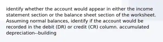 identify whether the account would appear in either the income statement section or the balance sheet section of the worksheet. Assuming normal​ balances, identify if the account would be recorded in the debit​ (DR) or credit​ (CR) column. accumulated depreciation--building