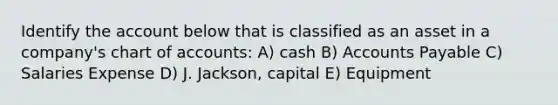 Identify the account below that is classified as an asset in a company's chart of accounts: A) cash B) Accounts Payable C) Salaries Expense D) J. Jackson, capital E) Equipment