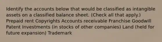 Identify the accounts below that would be classified as intangible assets on a classified balance sheet. (Check all that apply.) Prepaid rent Copyrights Accounts receivable Franchise Goodwill Patent Investments (in stocks of other companies) Land (held for future expansion) Trademark