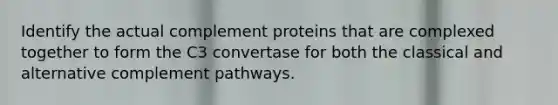 Identify the actual complement proteins that are complexed together to form the C3 convertase for both the classical and alternative complement pathways.