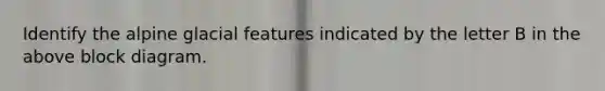 Identify the alpine glacial features indicated by the letter B in the above block diagram.