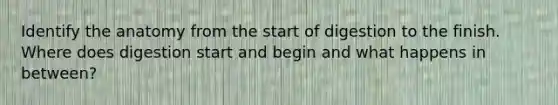 Identify the anatomy from the start of digestion to the finish. Where does digestion start and begin and what happens in between?