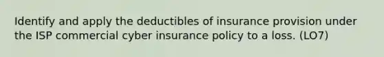 Identify and apply the deductibles of insurance provision under the ISP commercial cyber insurance policy to a loss. (LO7)